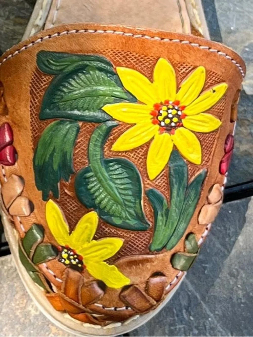 Hand-Painted Sun flowers Leather Ankle-Strap Sandals - Brown with Yellow Flowers